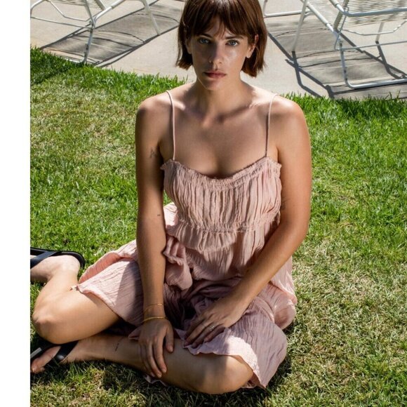 Zara ZW Ramie Blend Wrinkled Tiered Midi Dress Light Rose Pink NWT Size Small - Picture 3 of 9